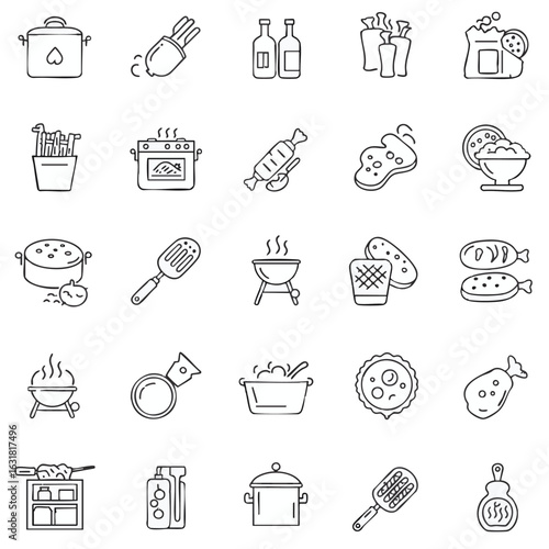 Cooking and food preparation line icon set. Vector collection of kitchen utensils, cookware, grilling, and meal ingredients.