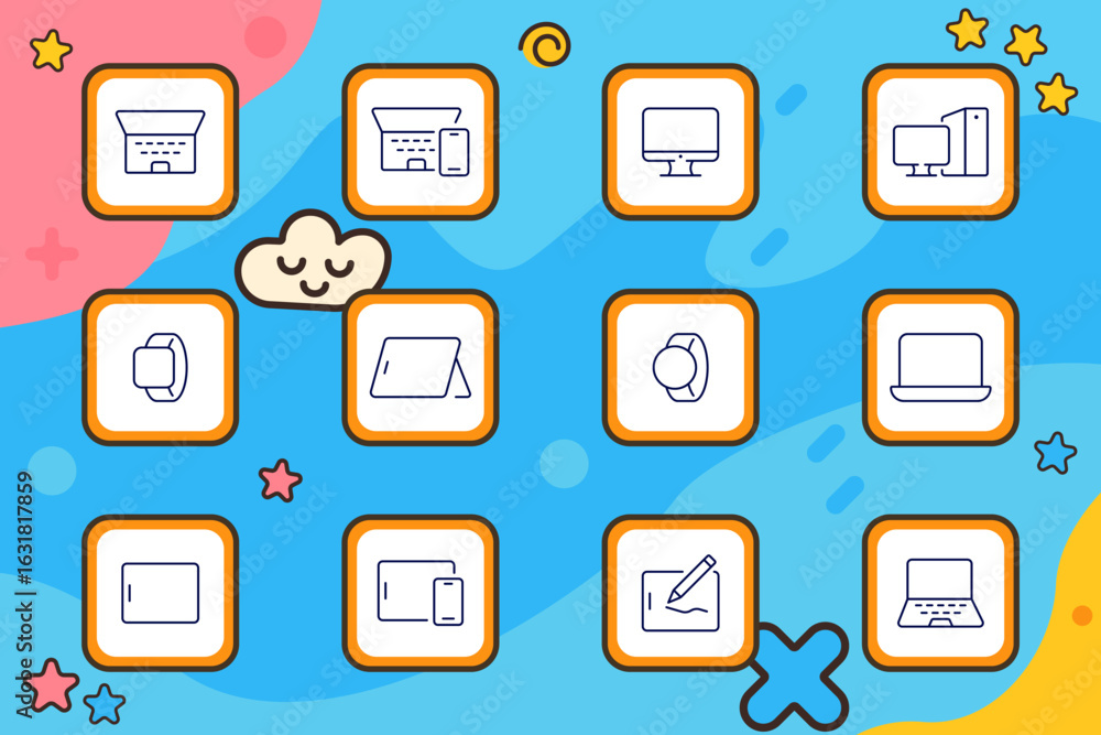 Device set icon. Laptops, desktops, smartwatches, tablets, and stylus boards arranged in outlined square tiles with bold borders on a playful background Device set icon. Laptops, desktops, smartwatches, tablets, and stylus boards arranged in outlined square tiles with bold borders on a playful background