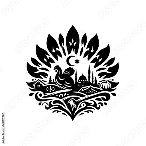 Vector art of turkish symbol with turkey and mosque isolated on white background