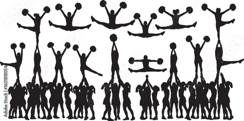 Cheerleaders performing acrobatic stunts with pom poms, cheerleading, team, acrobatic, stunts, pom poms, performance, dynamic, energetic, athletic, unity, teamwork, silhouette, black and white, action