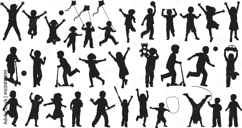 Naklejka premium Children playing with kites balls scooters and toys, children, playing, kites, balls, scooters, teddy bear, jump rope, cartwheel, outdoor activities, silhouettes, black and white, vector art, childhoo