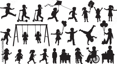 Children playing outdoors and indoors running, children, playing, outdoors, indoors, running, jumping, scooter, swing, kite, balloons, wheelchair, desk, school, fun, active, silhouettes, black and whi