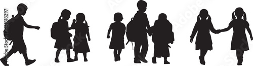 Children walking with backpacks school going to school, children, walking, backpacks, school, going to school, students, group, silhouette, black and white, outdoors, day, movement, friendship, togeth