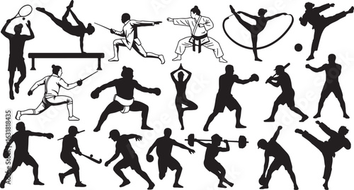 Diverse athletes engaged in various sports and martial arts, sports, athletes, martial arts, fencing, tennis, gymnastics, karate, yoga, sumo wrestling, boxing, baseball, weightlifting, hockey, silhoue