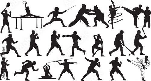 Diverse athletes performing various sports and martial arts, sports, athletes, martial arts, tennis, gymnastics, fencing, judo, karate, boxing, baseball, hockey, javelin, yoga, action, silhouettes, dy