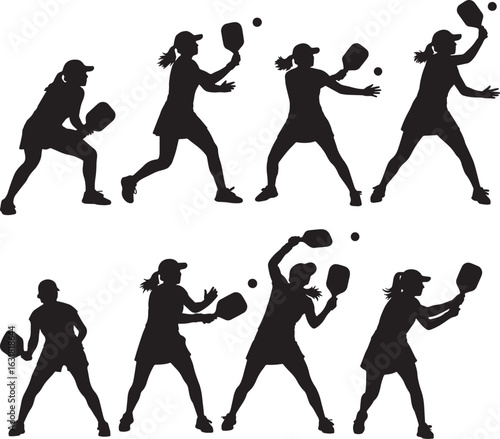 Female pickleball players in action silhouettes sport, pickleball, sport, athletic, action, players, female, women, paddle, ball, game, court, match, competition, training, fitness, active, movement, 