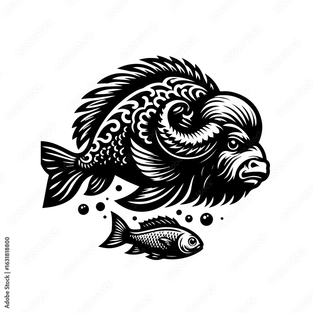 Fototapeta premium Vector art of fantasy fish monster illustration isolated on white background, a mythical creature