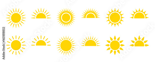 Yellow sun icon set. Sunshine and solar glow, sunrise or sunset. Full and half sun and sunlight. Hot solar energy for tan. Sun vector illustration