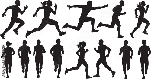 Male and female runners in motion running athletes, running, runners, athletes, sport, fitness, action, motion, silhouettes, black and white, people, race, competition, track and field, marathon, spri
