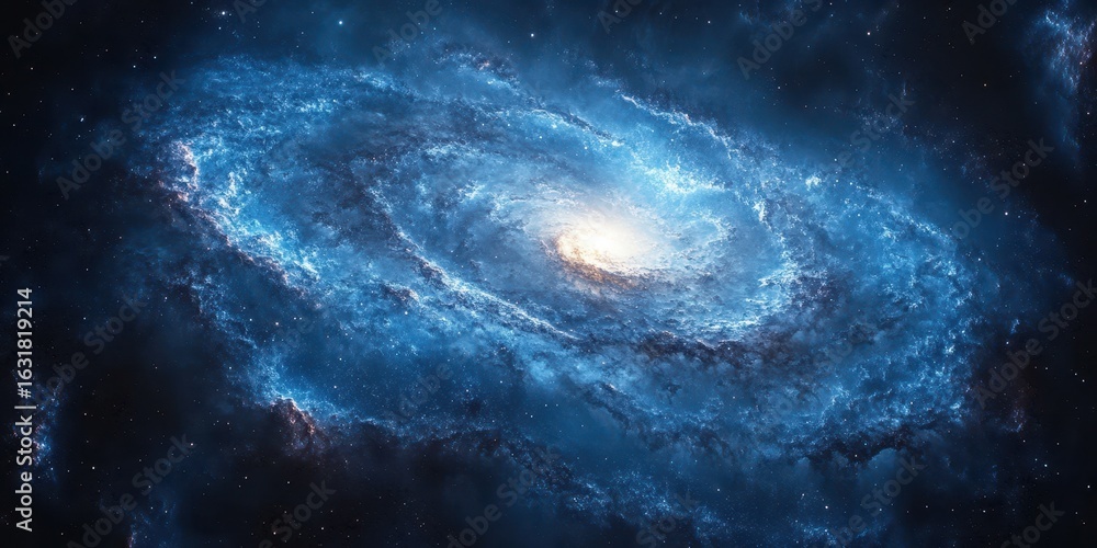 Fototapeta premium Vibrant spiral galaxy with swirling blue gases and bright core captured in deep space