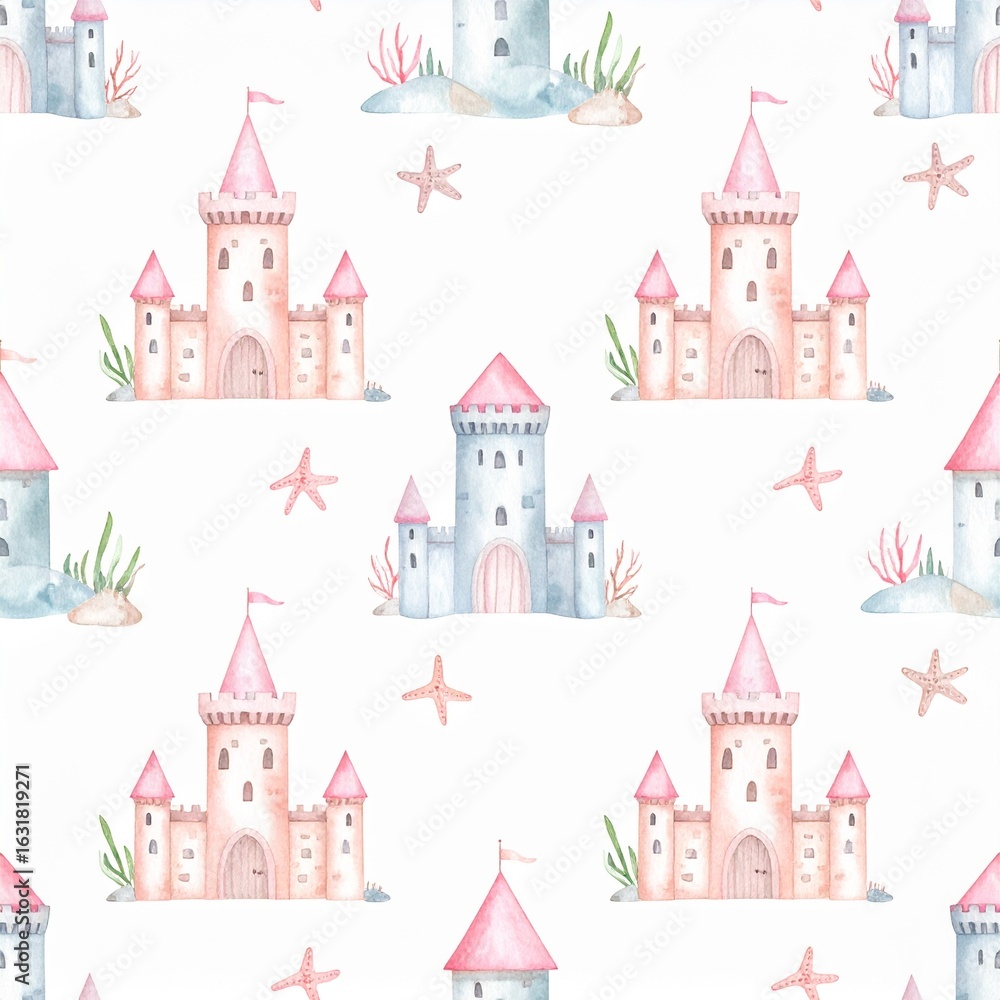 Naklejka premium Underwater kingdom featuring coral castles and gentle watercolor sea creatures, creating a dreamy, vibrant aquatic world full of life and soft pastel hues. 