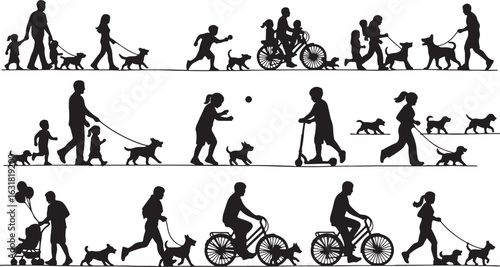 People walking dogs riding bicycles and scooters vector, people, dogs, walking, riding, bicycles, scooters, children, families, outdoors, activity, pets, leisure, black and white, silhouette, illustra