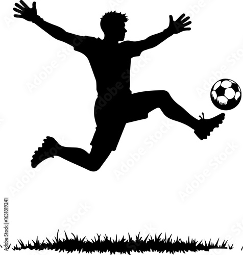 Silhouette of a Soccer Player Jumping to Hit the Ball