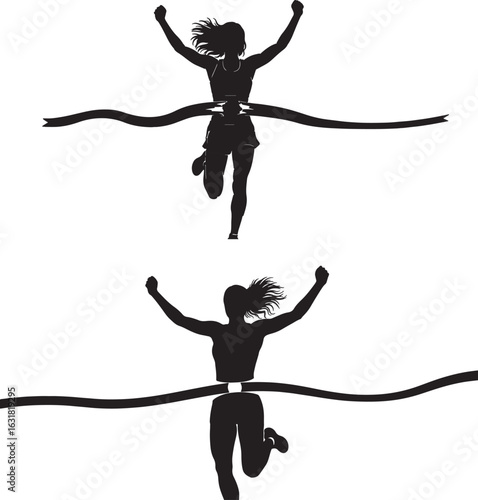 Runner breaking finish line tape with arms raised female, runner, female, silhouette, finish line, breaking tape, victory, arms raised, running, sport, competition, achievement, success, athletic, rac