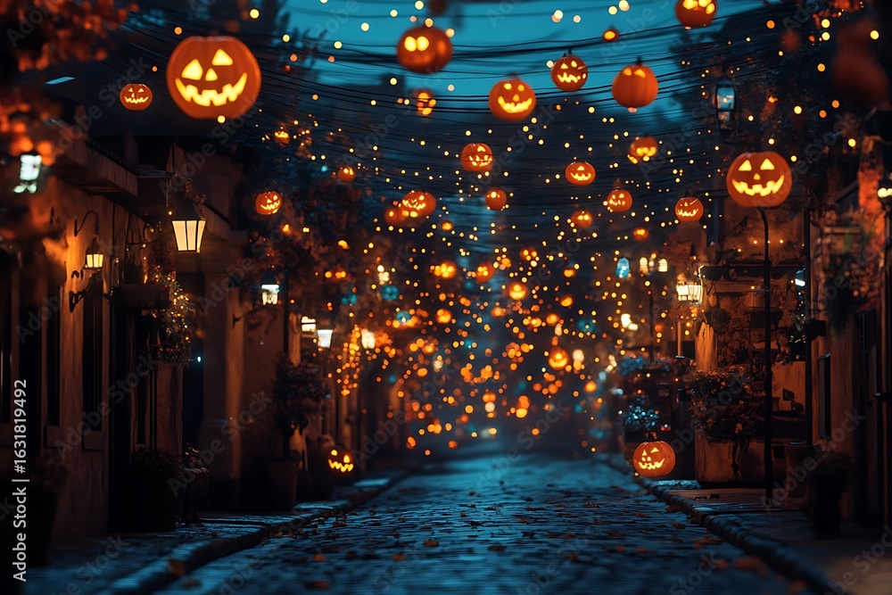 Obraz premium • Halloween night street filled with floating candy and jack-o'-lantern lights 