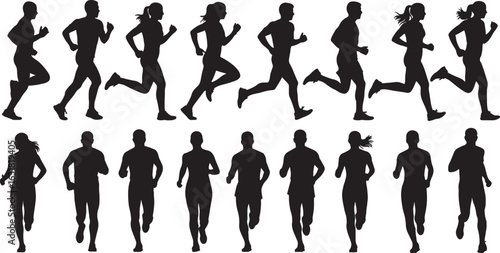 Silhouettes of male and female runners in motion running, runners, running, athletes, fitness, sport, exercise, people, male, female, action, motion, silhouettes, black and white, dynamic, healthy lif