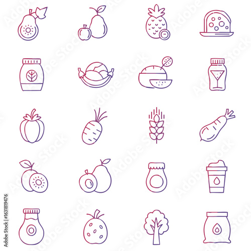 A versatile collection of food and grocery gradient line icons. Vector symbols for healthy eating, fruits, and vegetables.