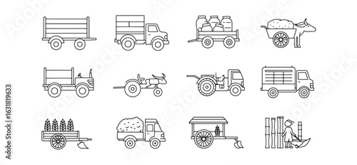 Agriculture farming and transportation outlined icons in modern minimalistic vector style