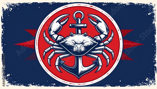 Vintage badge logo design for a seafood restaurant, with a crab and anchor illustration