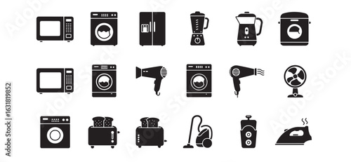 Black and white household appliances vector illustration set for design and concept use