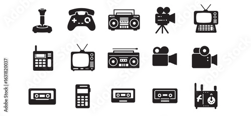 Black and white retro technology icons depicting entertainment and communication devices