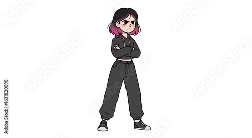 Illustration of a defiant young woman with pink-tipped hair, standing with arms crossed in a hoodie and sweatpants.