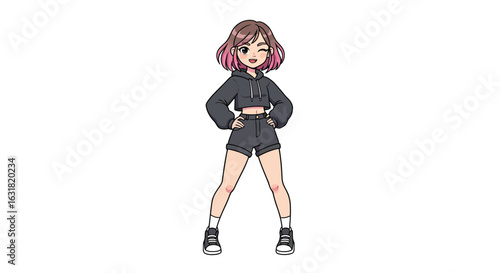 Stylish anime character of a winking young woman with pink hair. Full body vector illustration of a girl in a trendy outfit.