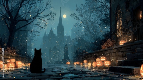 Spooky Halloween night with black cat and pumpkins under moonlight glow.