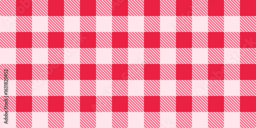 Seamless gingham checkered pattern. Vichy wallpaper, tartan background  with squares and diagonal hatch details. Classic picnic plaid cover in coral red color.
