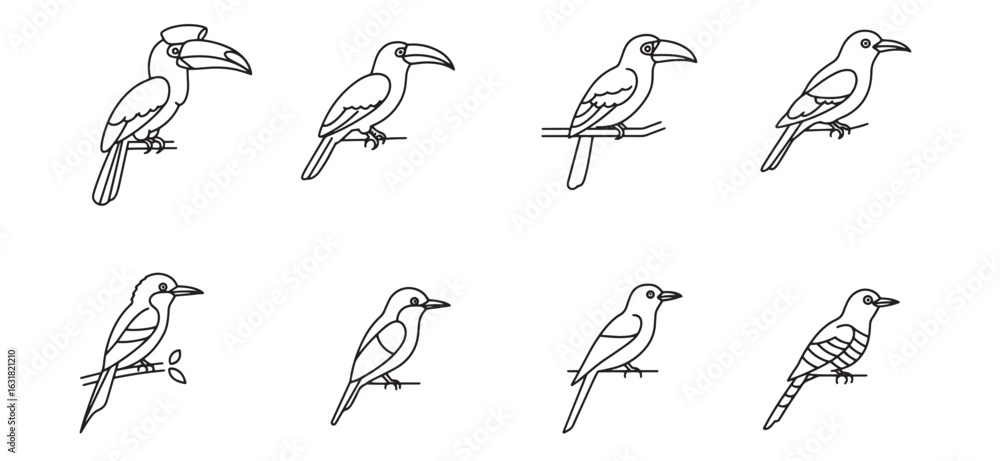 Naklejka premium Collection of different bird illustrations perched on branches depicted in simple line art style