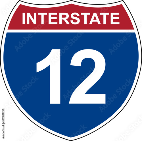 Interstate 12. Interstate highway sign. Road number. Signpost indicating route numbers in the U.S. Interstate Highway System. Even numbers run west to east. Odd numbers run north to south.