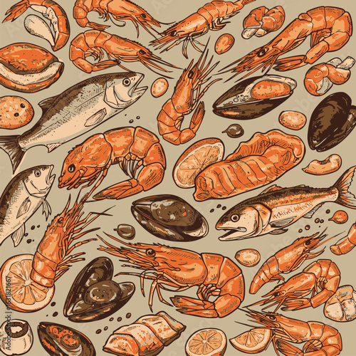 Vintage style seamless background with hand-drawn seafood. Sketch illustration of fish, prawns, and mussels for a culinary theme.