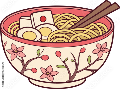 Decorative bowl of ramen with eggs, fish cake, and chopsticks, vector illustration