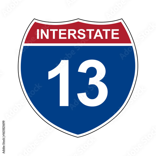 Interstate 13. Interstate highway sign. Road number. Signpost indicating route numbers in the U.S. Interstate Highway System. Even numbers run west to east. Odd numbers run north to south.