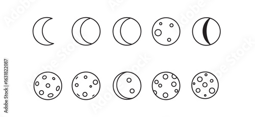 Illustration of moon phases showing cycle in simple minimalist black and white outline