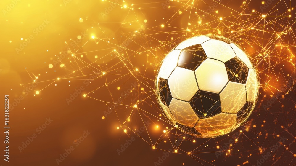 Fototapeta premium Futuristic soccer ball illustration with network connection and golden background