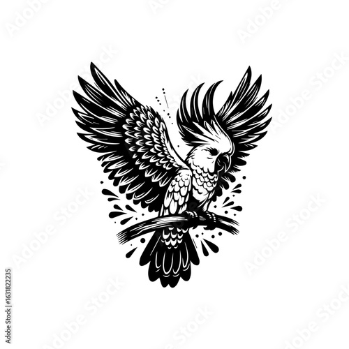 Illustration of a cockatoo isolated on white background in black and white