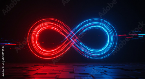 Dynamic infinity loop pulses with vibrant red and blue neon light, symbolizing endless possibilities. AI generative image