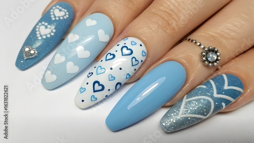 Elegant Blue Heart Nail Art – Matte, Glitter & Beaded Designs 💙✨