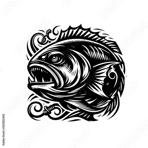 Vector art of detailed black and white illustration of a fish isolated on white background