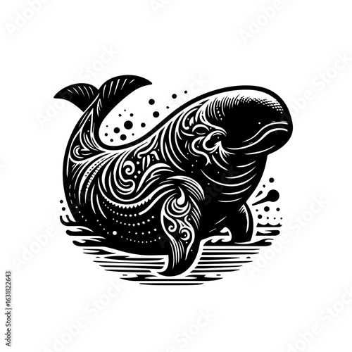 Vector art of detailed black and white illustration of a whale isolated on white background