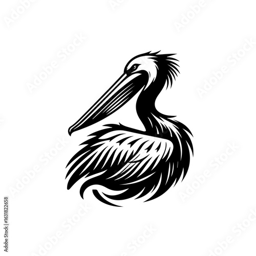 Vector art of detailed black and white illustration of a pelican isolated on white background
