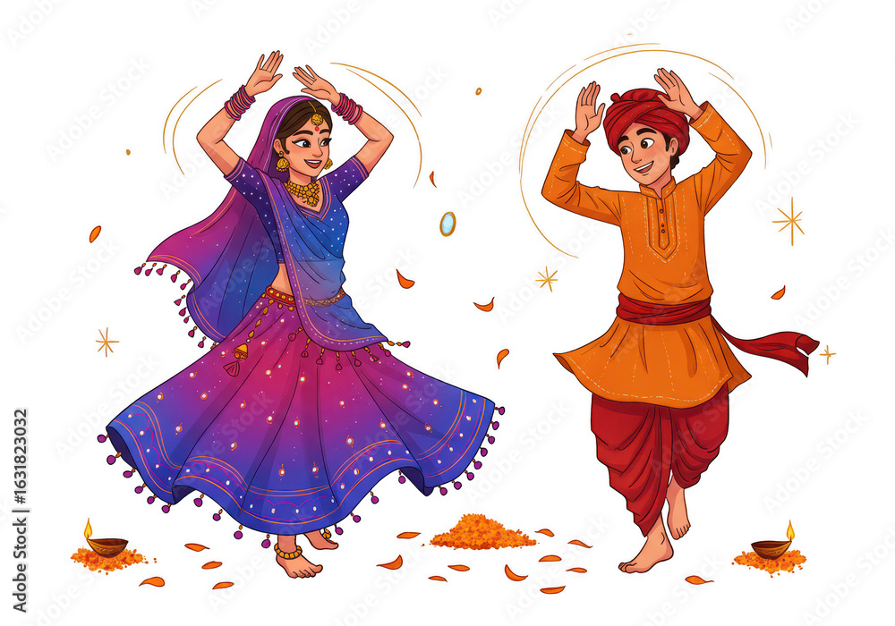 Fototapeta premium Couple Celebrating Cultural Dance in Colorful Attire with Festive Elements