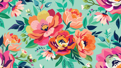 Vector art of vibrant floral pattern with colorful blooming flowers and green leaves