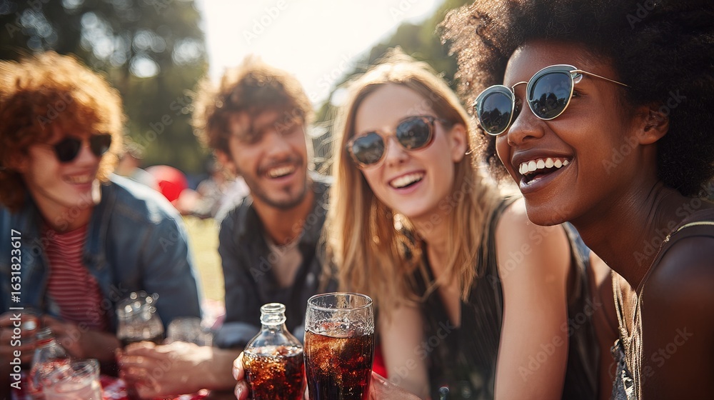 Obraz premium A joyful group of friends enjoying drinks outdoors on a sunny day, laughing and having fun in a relaxed picnic setting.