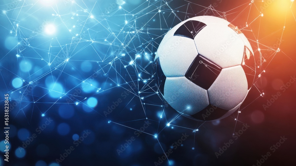Fototapeta premium Futuristic soccer ball surrounded by digital network communication lines