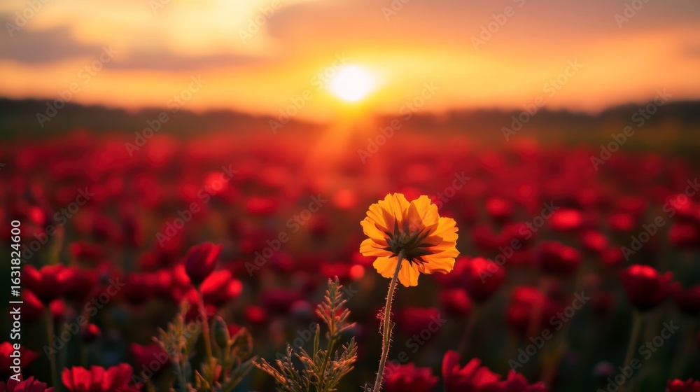 Fototapeta premium Single yellow flower stands out in a field of red flowers at sunset.