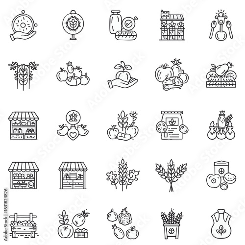 Local producer and farmer's market thin line icons. A vector set illustrating organic agriculture, fresh food, and community groceries.