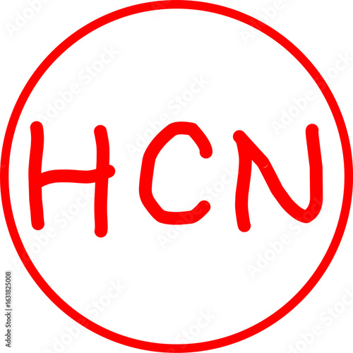 Hand-drawn red chemical formula "HCN" inside a red circle on white background, symbolizing hydrogen cyanide in a simple, educational, and science-themed illustration.
