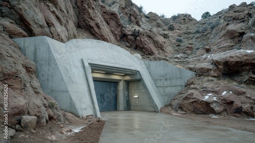 Mountainside bunker entrance, security, winter, rocky landscape, mystery